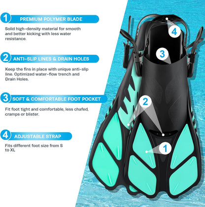 ZEEPORTE Mask Fin Snorkel Set, Travel Size Snorkeling Gear for Adults with Panoramic View Anti-Fog Mask, Trek Fins, Dry Top Snorkel and Gear Bag for Swimming Training, Snorkeling Kit Diving Packages
