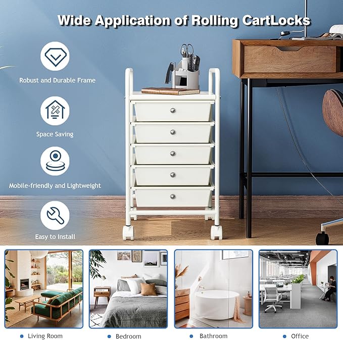 5-Tier Rolling Cart with 5 Drawers, Rolling Utility Cart with 2 Lockable Caster Wheels, Multipurpose Mobile Rolling Storage Drawer Cart for Office Bathroom Kitchen, Ivory White