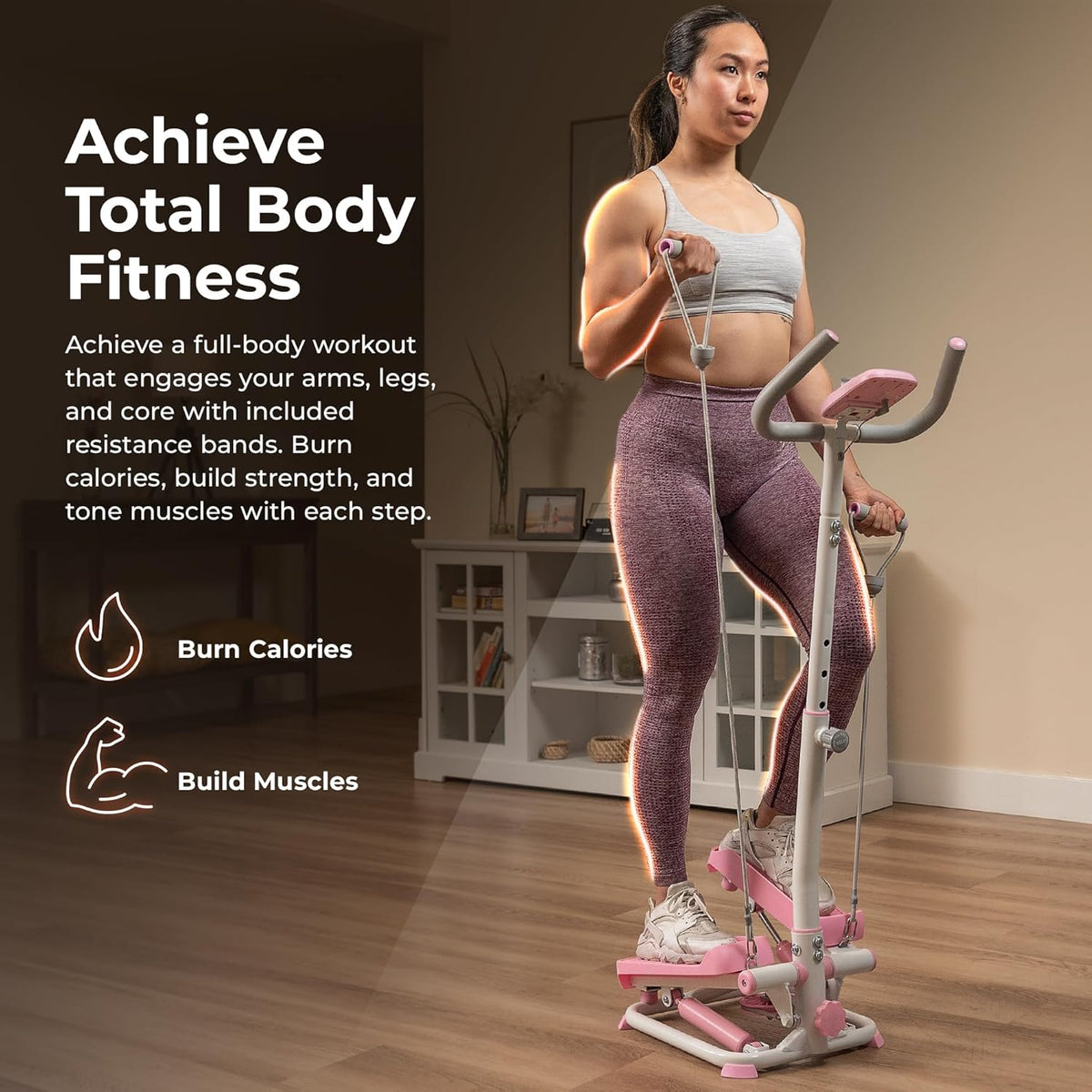 Sunny Health & Fitness Total Body 2-in-1 Smart Stepper Machine for Home with Handlebar and Resistance Bands, Total Body Workout, Adjustable Hydraulic, LCD Monitor, Non-Slip Pedals – 330 LB Max Weight