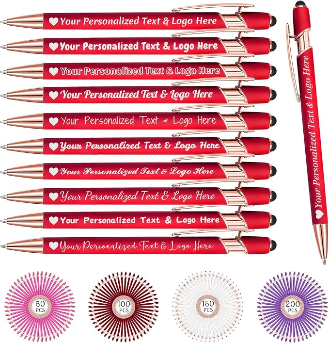 STREADVE Personalized Custom Pens 10 Engraved Writing Pen with Name Logo, Customized Promotional Items Stylus Pen Gifts for Women Realtor Reunion Wedding Business, Red