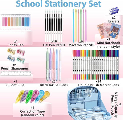 56 PCS Aesthetic School Supplies with Large Pencil Case, 24 Double Brush Marker Pens, 5 Black Ink Gel Pens, 6 Macaron Pencils, 4 Sharpeners, Sticky Notes, Ruler, Erasers, Stationery Gift