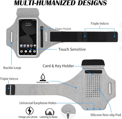 Running Armband with Earphone Bag Cell Phone Armband for iPhone 16 15 Pro 14 Plus 13 11 XR XS, Galaxy S24/S10 Water Resistant Sports Phone Holder Case & Zipper Slot Car Key Holder for 6.7 inch Phone