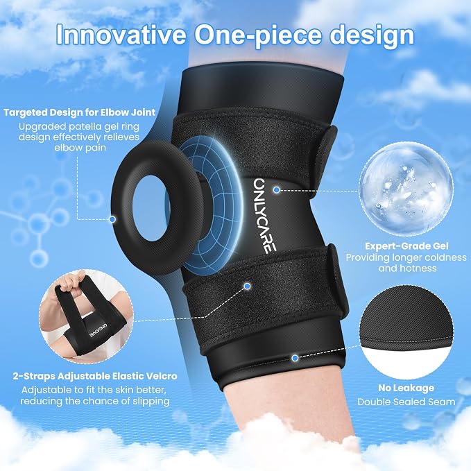 Elbow Ice Pack, ONLYCARE Soothing Compression Sleeve for Injuries, Upgraded Adjustable Gel Ice Pack, Hot & Cold Therapy, Reusable for Tennis Elbow, Arthritis, Tendonitis Pain Relief