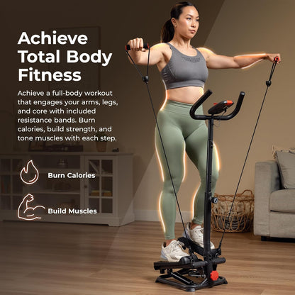 Sunny Health & Fitness Total Body 2-in-1 Smart Stepper Machine for Home with Handlebar and Resistance Bands, Total Body Workout, Adjustable Hydraulic, LCD Monitor, Non-Slip Pedals – 330 LB Max Weight