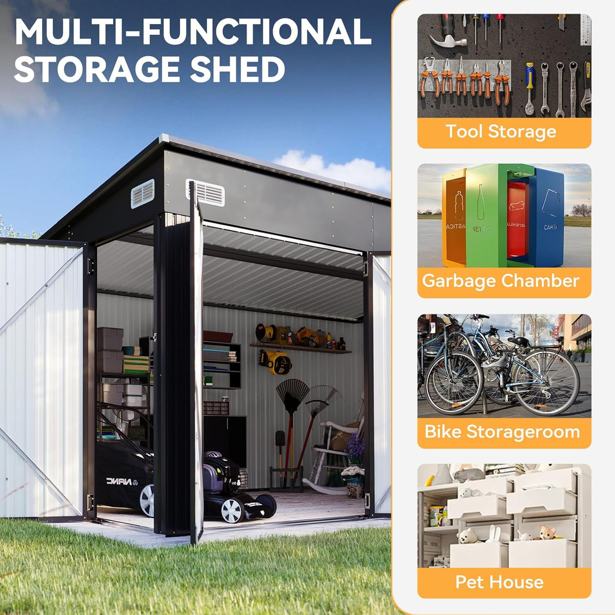 Aoxun 11.5’x7.5’ Shed Outdoor Storage Shed with Triple Lockable Door Metal Storage Cabinet with Slopping Roof for Tools Bicycles Storage for Garden, Patio, Courtyard