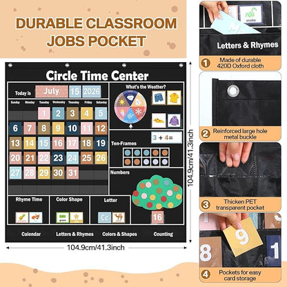 Pasimy 284 Pcs Circle Time Learning Center Classroom Pocket Chart Boho Circle Time Calendar Learning Math Calendar Weather Color Shape for Home Classroom Decoration Back to School Supplies