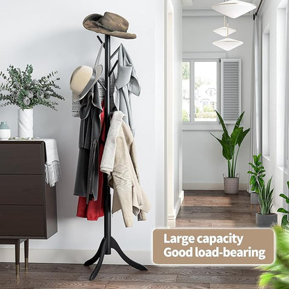 Coat Rack Freestanding, Coat Stands Entryway, Bamboo Coat Rack Hat Hanger 8 Hook for Jacket, Purse, Scarf Rack, Umbrella Tree Stand (Black)