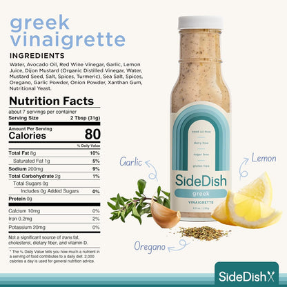 SideDish Zesty Greek Vinaigrette (Pack of 3) - Seed Oil, Dairy & Gluten Free Salad Dressing w/Avocado Oil - Refined Sugar Free, Healthy Greek Salad Dressing - Balsamic Paleo Marinade for Dips, Spread