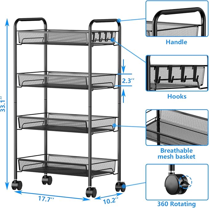 OVICAR 4 Tier Mesh Wire Rolling Cart, Kitchen Storage Organizer Utility Cart, Full Metal Basket Storage Art Trolley Carts with Wheels & 4 Side Hooks