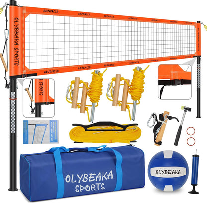 Outdoor Professional Volleyball Net Set for Backyard Beach with Heavy Duty Adjustable Aluminum Poles, Upgraded Anti-sag Net, PU Volleyball and Pump, Boundary Line, Large Carry Bag