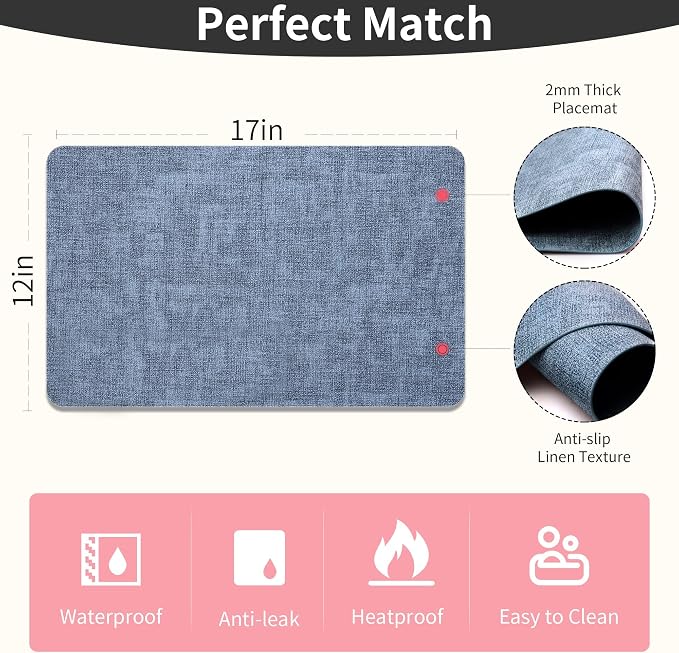 Maxpearl Set of 8 Faux Leather Table Placemats – Heat Resistant, Waterproof, Easy to Clean, Non-Slip Mats for Dining Table, Kitchen, Indoor & Outdoor, 17”x12”, Blue