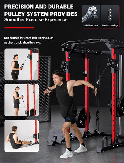 YOLEO Smooth Dual Pulley System Power Cage, 1600LBS Adjustable Cable Crossover Power Rack, Multi-Functional Squat Rack for Home Gym with More Training Attachment