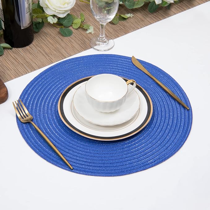 SHACOS Round Placemats Set of 6 Washable 15 inch Round Table Mats Cotton Polyester Woven Braided Place Mats for Dining Table (Blue, 6)