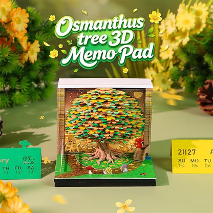 3D Time Piece Calendar, 2027 Desk Calendar With LED Light, 3d Tree Memo Pad Creative Desk Calendar, Christmas Gift for Colleague Friend, Desktop Decoration (Osmanthus Tree)