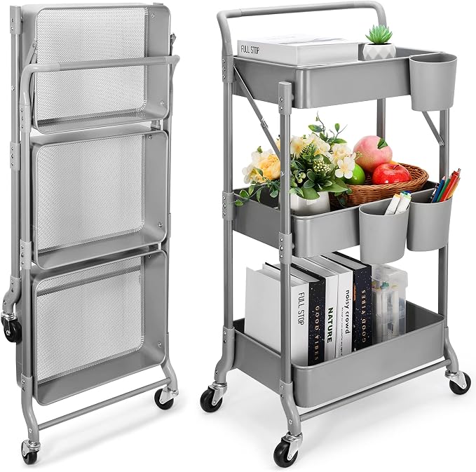 Foldable 3 Tier Metal Utility Rolling Cart, Folding Mobile Multi-Function Storage Trolley Organizer Cart for Home Library Office(Grey)