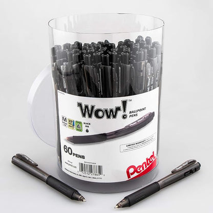 Pentel WOW! Ballpoint Pen, (1.0mm) Medium Line, Black Ink, Pack of 180, Canister (BK440PC60A)