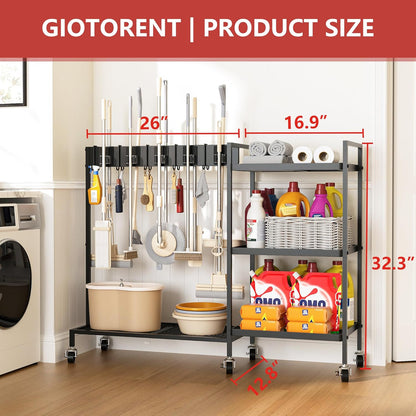 GIOTORENT Heavy Duty Metal Cleaning Cart with Wheels - 300lb Capacity Rolling Broom Holder & Supplies Organizer, 10 Adjustable Clips, 5 Double-Hooks, 3-Tier Shelves, Brakes for Home, Commercial, Black