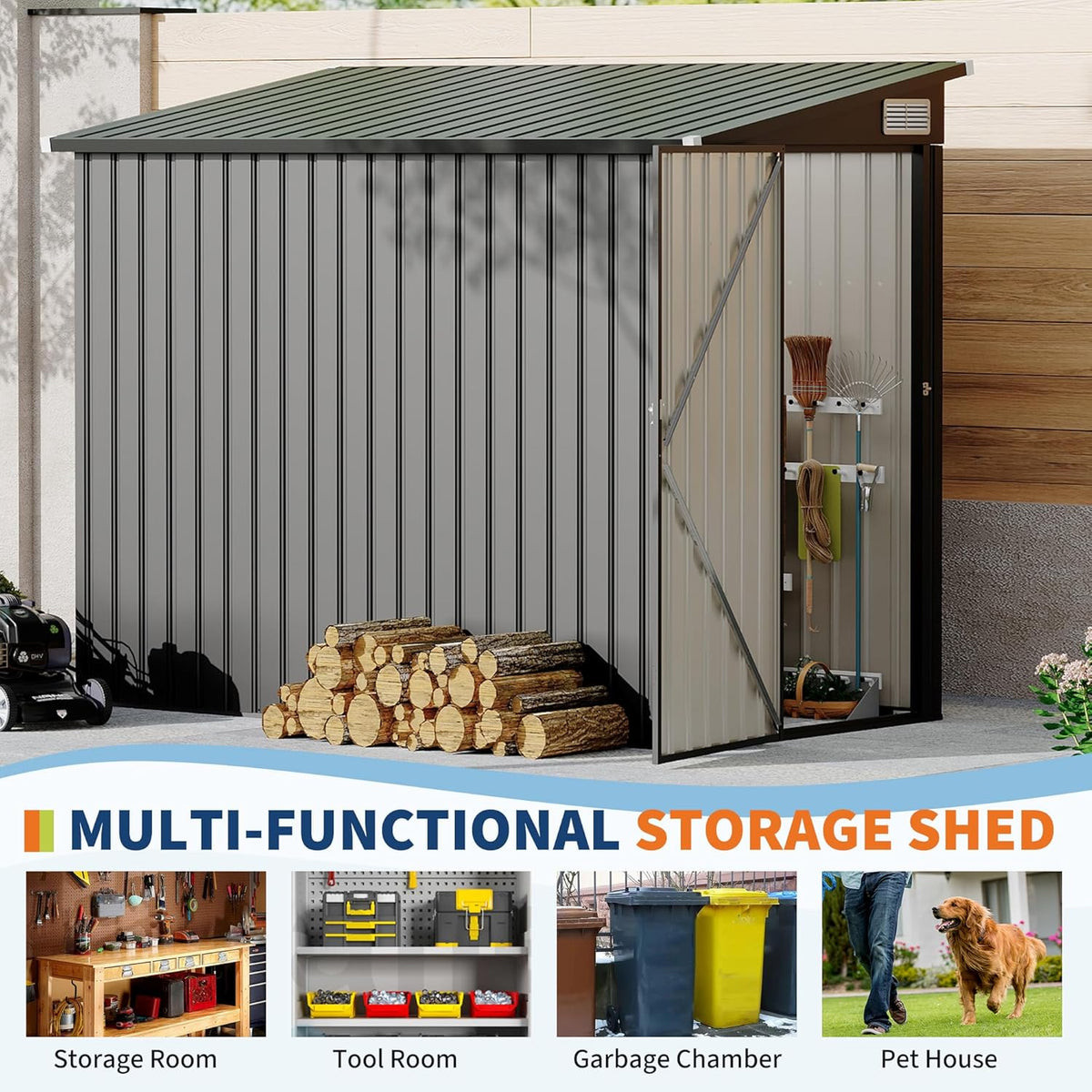 4×8 FT Lean to Storage Shed, Heavy-Duty Outdoor Metal Storage Shed, Garden Tool Metal StorageHouse W/Lockable Door and 2 Air Vents