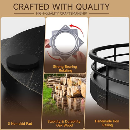 13" Oak Bathroom Vanity Tray Turntable for Perfume Candle, Round Wooden Decorative Tray for Kitchen Sink Countertop Organizer, Bathroom Counter Organizer for Skincare Makeup, Farmhouse Black Gold