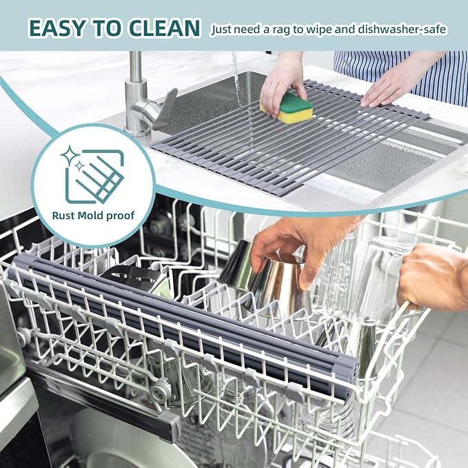 Ohuhu Dish Drying Rack Over The Sink, Roll Up Sink Rack 20.5" W x 13.1" L Rolling Dish Drainer Foldable Accessories Heat-Resistant Mat Anti-Slip Silicone Coated for Kitchen Counter