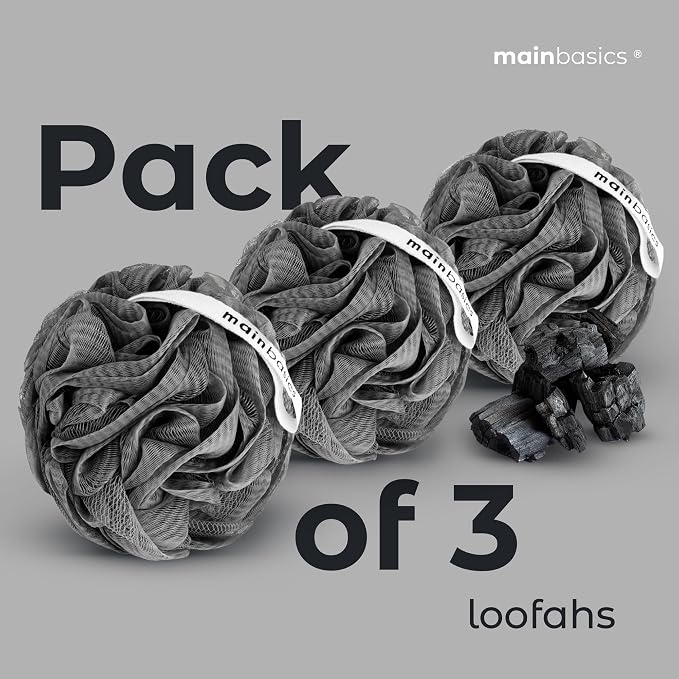 MainBasics Charcoal Infused Bath Shower Loofah Sponge Pouf Body Wash Scrubber (Set of 3)