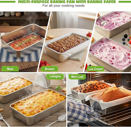 2 Packs 8.8×5.9 Inch Loaf Pans for Baking Bread, 304 Stainless Steel Loaf Bread Pan with Parchment Paper Liners, Metal Bakeware for Bread, Meatloaf, Cake Brownies, Easy Release, Oven & Dishwasher Safe