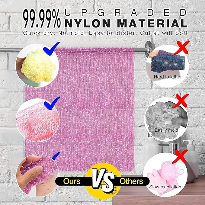 3 Piece Bright Style African exfoliating net Exfoliating Shower Set Long Bath Sponges for Smooth, Refreshed Skin, The Exterior Gleams - Ideal for Daily Use (Bright Yellow, Pink, Purple)