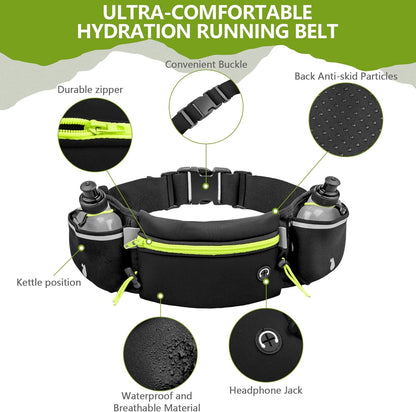 Hydration Running Belt for Women & Men with 2 Water Bottles – Water-Resistant Waist Pack & Phone Holder, No-Bounce Fit for Running, Hiking, Workouts – Bonus Sweatband, Fits All Phones