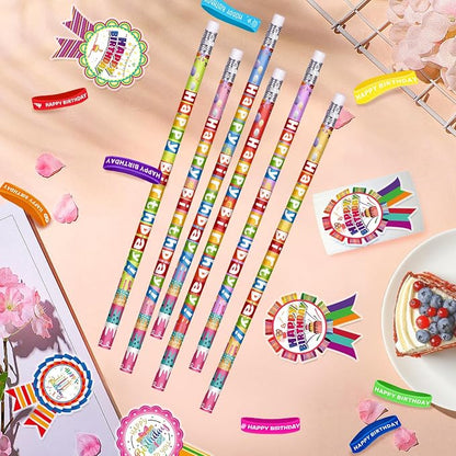296 Pcs Birthday Pencils Set: 48 Happy Birthday Pencils, 48 Wristbands, 200 Badge Stickers for Teacher, Classroom, Party Supply
