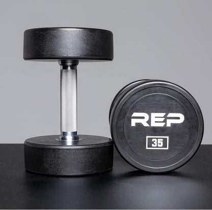 REP Fitness Urethane Coated Round Dumbbells, 5 to 100 lbs, Singles or Pairs, With or Without Rack, Steel Core, Rubber Encased, Chrome Handles, Professional Weights for Home Gym Strength Training