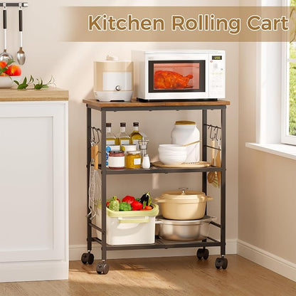BEWISHOME Rolling Kitchen Cart 3 Tier, Microwave Kitchen Cart with Storage Function, Practical Roller Cart with 4 Locking Wheels for Kitchen, Living Room, Bathroom, Office, Bar (Brown) 99ZCC01H