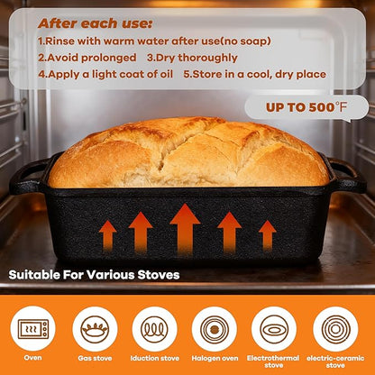 11x5 Inch Cast Iron Loaf Pan, 5.8 Qt Large Dutch Oven Loaf Pan with Lid, Sourdough Bread Baking Pan for Homemade Bread|Meatloaf, Even Heat Distribution & Oven Safe up to 500°F