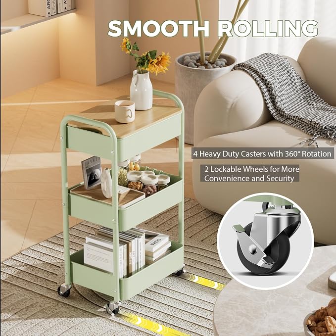 3 Tier Rolling Cart with Table top, Metal Rolling Utility Cart, Sturdy Storage Organizer Cart with Locking Wheels & Hooks for Office, Classroom, Kitchen and Bathroom