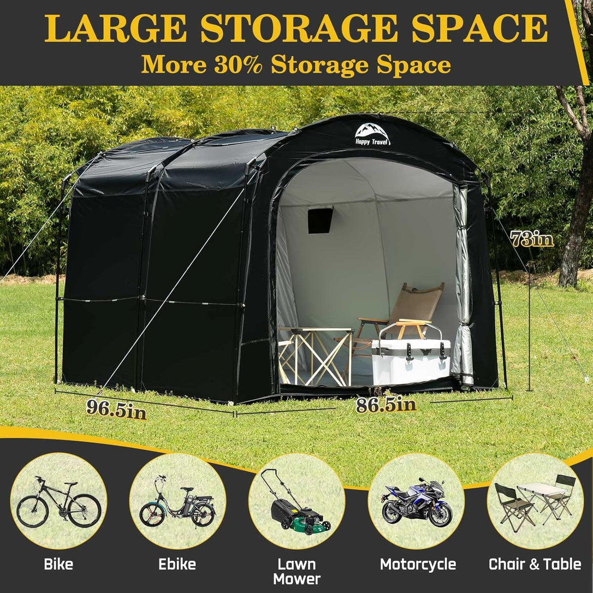 Happy Travel Bike Storage Tent, Outdoor 8×7×6.3ft Large 2-in-1 Portable Shed More 30% Top Space W/Double Doors with Mesh, Outside Lawn Mower Shelter and Bicycle Cover for Patio Furniture, Garden Tools