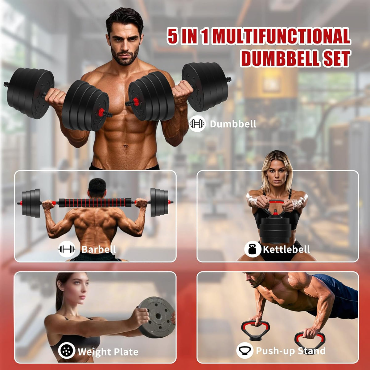 90 LB/75 LB/45 LB/25 LB Adjustable Dumbbells 4-in-1 Dumbbells Set Free Weight Set with Connector – Convert to Barbell, Kettlebell & Push-Up Stands | Interchangeable Weight Plates, Non-Slip Grips for Home Gym