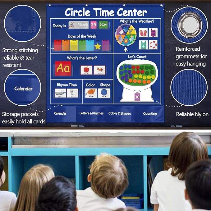 KIKIGOAL Circle Time Center Classroom Pocket Chart Educational Pocket Chart Teaching Materials Learning Calendar Weather Counting Letter Color Shape etc