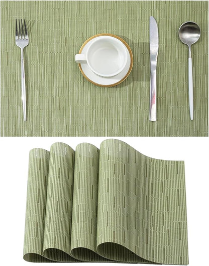 Leetaltree Pea Green Placemats Set of 4 - Heat Resistant Non-Slip Place mats for Dining Table, Washable Durable PVC Vinyl Woven Table Mats（Pea Green, 4）
