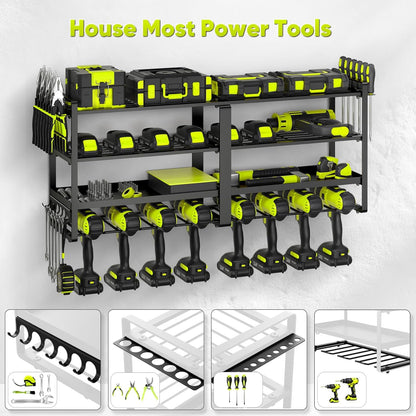 33" W Large Power Tool Organizer Wall Mount Loads 400 lbs, Heavy Duty 8 Drills Holder, 4-Tier Cordless Tool Battery Storage Shelf, Utility Racks for Garage Workshop Shed, Gifts for Men Husband