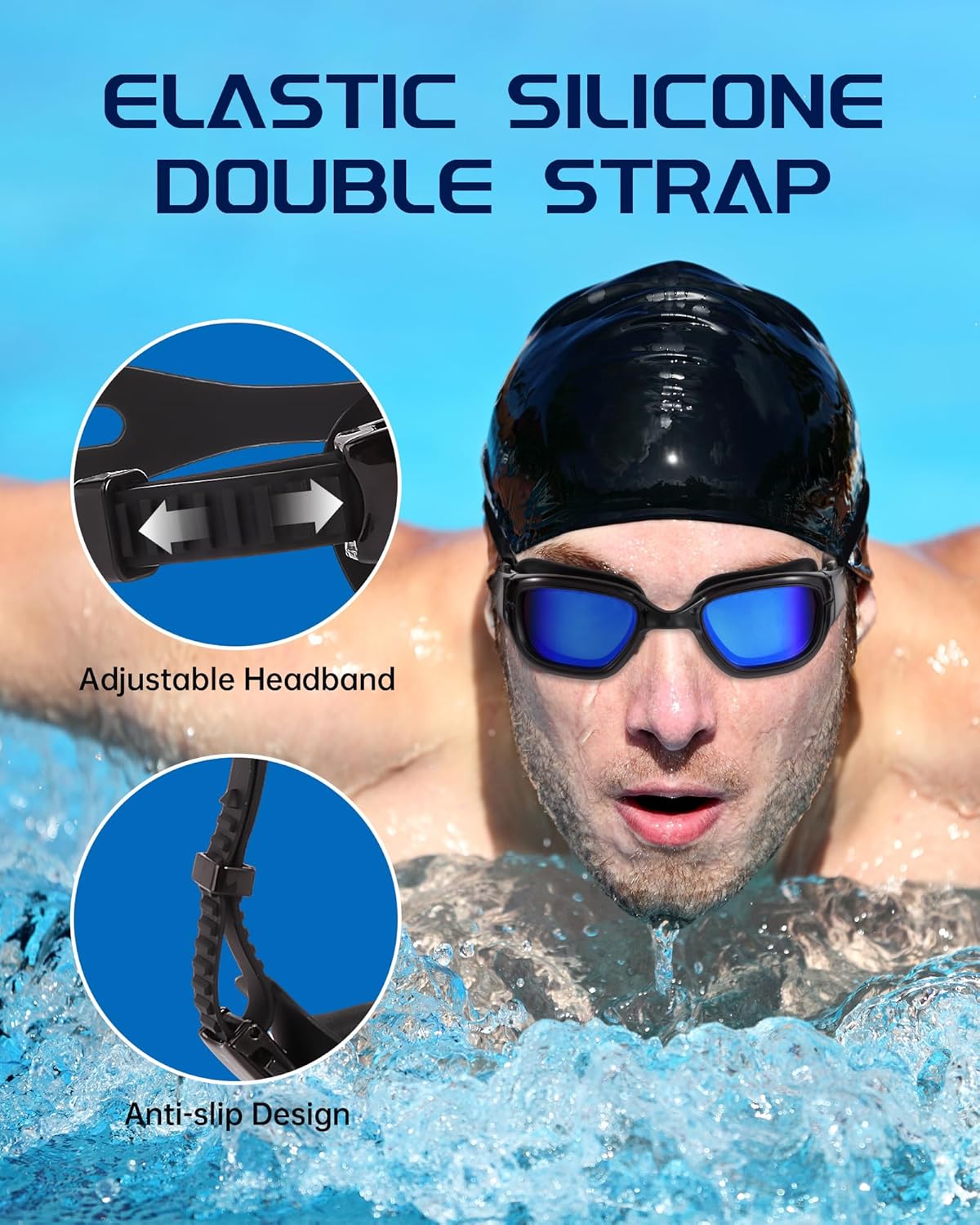 Swim Goggles, Goggles Adult with Swimming Cap, Nose Clip & Ear Plugs, UV Protection Anti-Fog Lens and Case for Adult