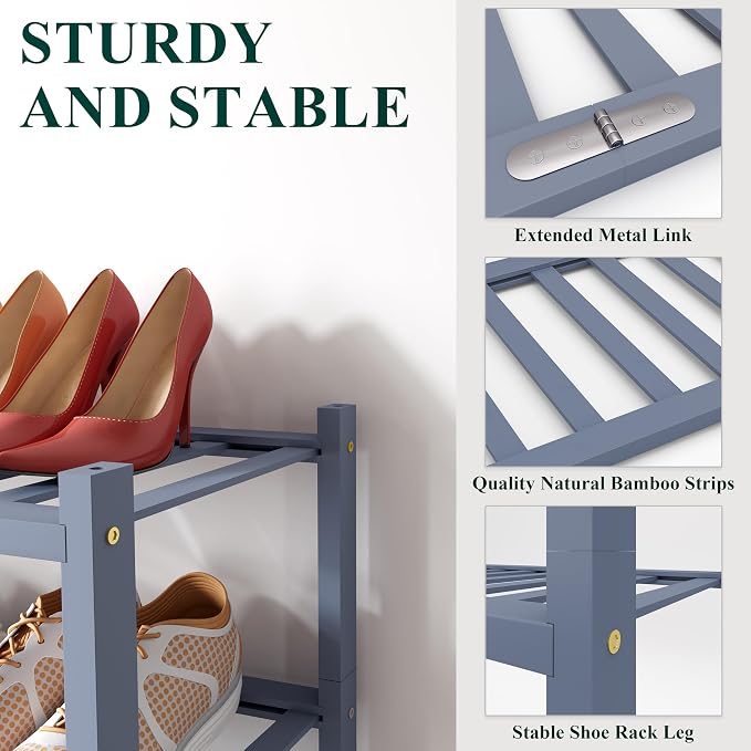 Smiry Long Bamboo Shoe Rack, 4 Tier Free Standing Wooden Shoe Organizer, Stackable Wood Shoe Storage Shelf for Closet, Entryway, 12 Vertical Slats, 2+2 Stack Standard Legs, 33.7"x11"x26", Grey