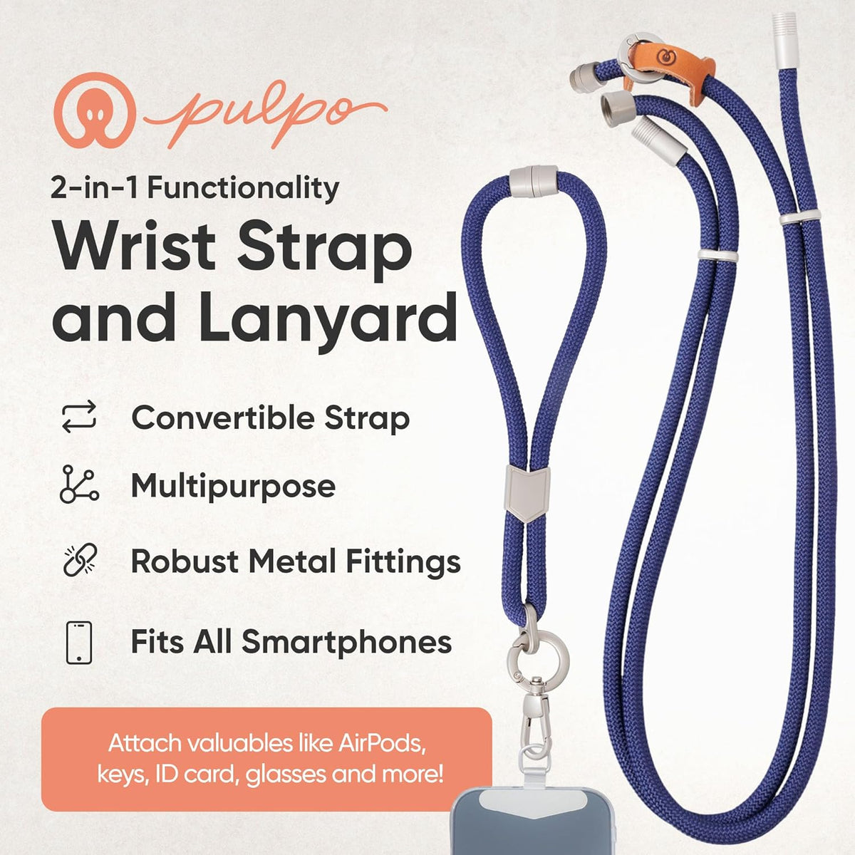 Pulpo 2-in-1 Cell Phone Wrist Strap and Lanyard Navy - Anti Theft Phone Lanyard for Men & Women, Wrist Straps for Phones, Lanyards for Smartphones, Adjustable Cellphone Leash & Safety Strap Tether