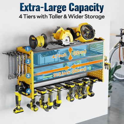 Tomorotec Wall-Mounted Power Tool Storage Rack for Drill, Toolbox & Accessories, Heavy-Duty Steel Organizer with Side Hooks and Adjustable Shelves, Easy Installation Garage & Workshop Storage (Yellow)