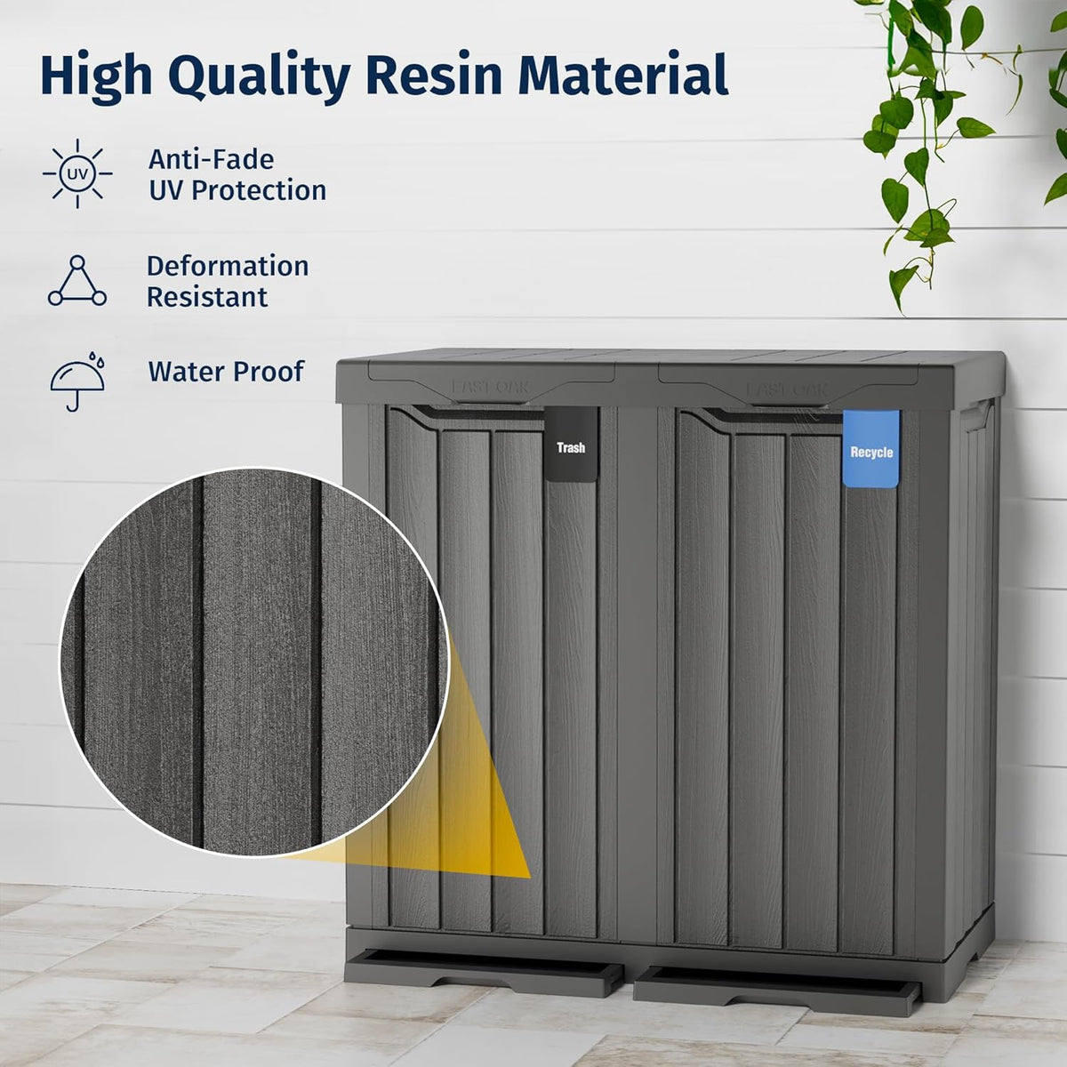 EAST OAK 62 Gallon Outdoor Trash Can | Waterproof Resin Garbage Can with Recycle and Garbage Labels | Secure Bag Lip Lock and Drip Tray | Outside Trash Bin for Patio | Kitchen, Backyard or Deck | Gray