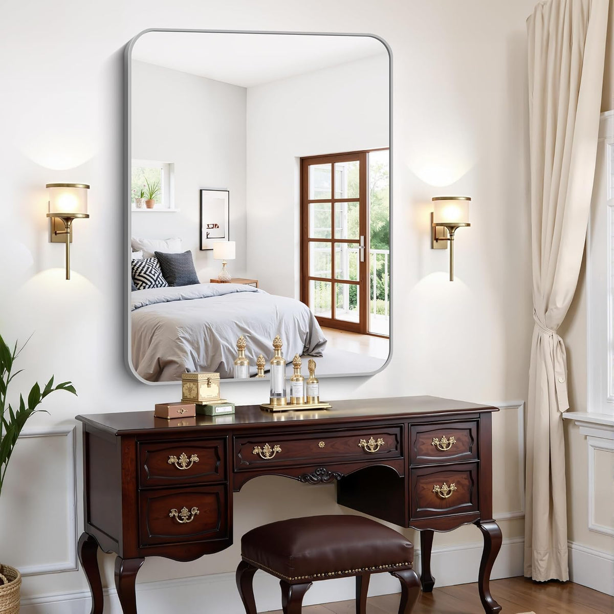 FORBATH 40x48 Inch Silver Bathroom Mirror for Over Sink, Large Rectangular Wall Mirror with Metal Frame, Rounded Corners for Bathroom, Bedroom, Entryway Decor (Horizontal or Vertical)