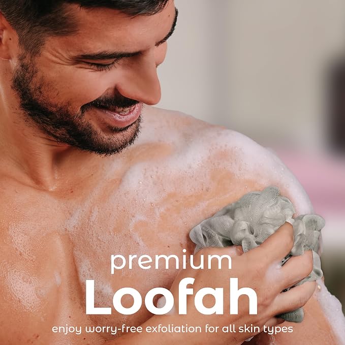MainBasics Bath Shower Loofah Sponge Pouf Body Scrubber Exfoliator Body Wash Sponge (Set of 3, Totally Taupe)
