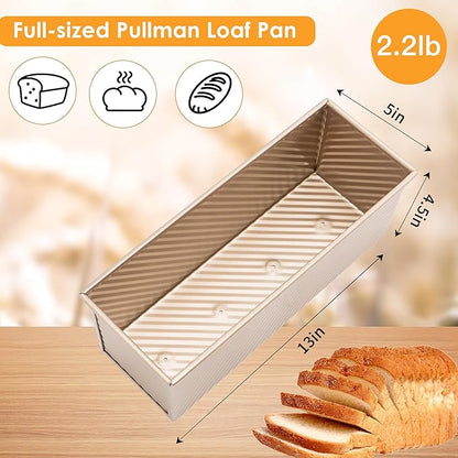 Bread Pan, 13 * 5inch Aluminized Steel Non-Stick Rectangle Pullman Loaf Pan with Lid, Long Sourdough Bread Loaf Pan for Homemade, Deep Bread Tin with Dough Scraper Cutter