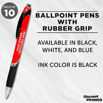 DISCOUNT PROMOS Ballpoint Pens With Rubber Grip - 10 pack - Customizable Text, Logo - Black Ink Ball Point Pen with Soft Touch Plastic - Red