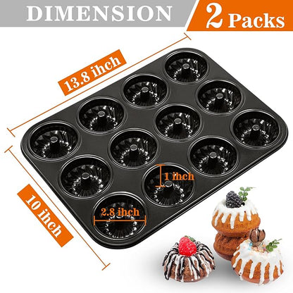 Webake 2 Pack Mini Fluted Tube Cake Pan, Non-Stick 2.8 Inch Cake Pans, Heavy Gauge Carbon Steel 12-Cavity