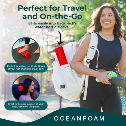 Oceanfoam Ripple Travel Foam Roller (11" x 3.35") Firm Mini Foam Roller for Physical Therapy, Deep Tissue Massage, Back Pain - High Density, Ergonomic Wave Textured - Yoga, Pilates, Exercise (Red)