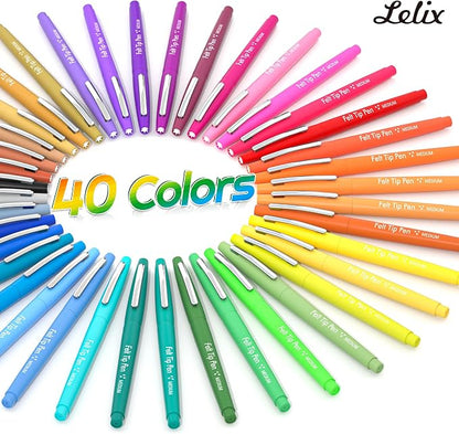 Lelix Felt Tip Pens, 40 Colored Pens with Case, Medium Point, Felt Tip Markers Pens for Journaling, Writing,Drawing, Note Taking, Planner, Perfect for Art Office and School Supplies